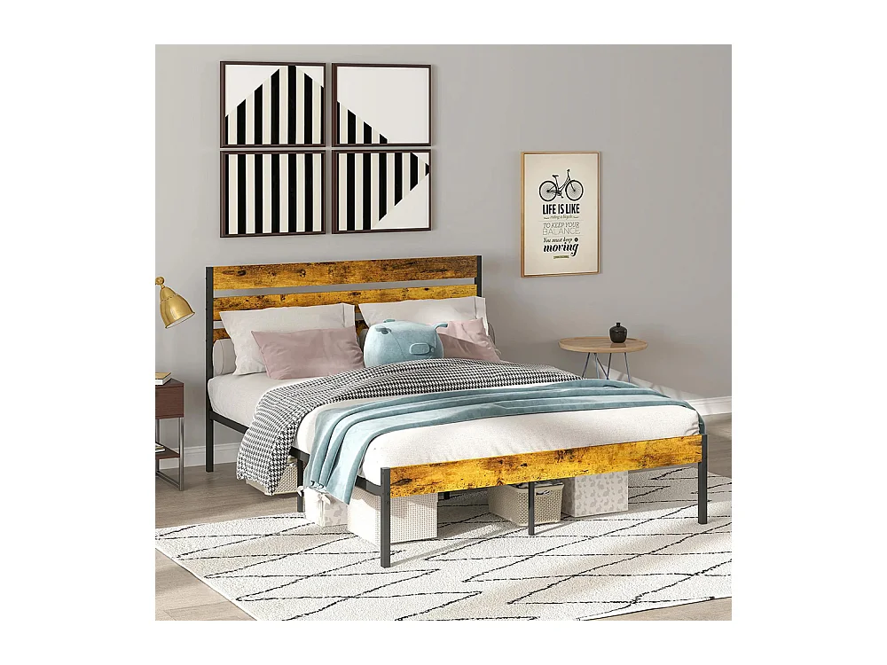 Lit double en acier 160 x 200 cm, avec sommier et tête de lit, style industriel