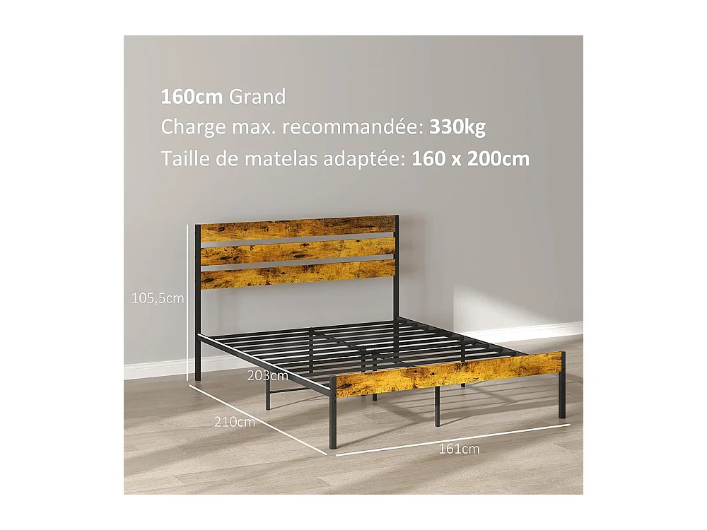 Lit double en acier 160 x 200 cm, avec sommier et tête de lit, style industriel