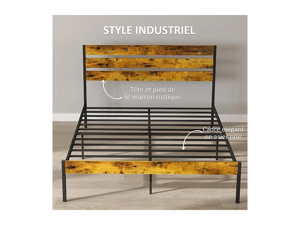 Lit double en acier 160 x 200 cm, avec sommier et tête de lit, style industriel