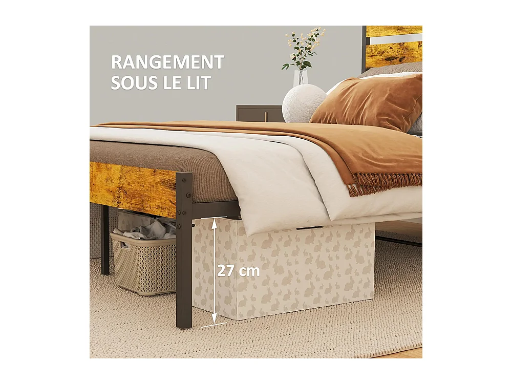 Lit double en acier 160 x 200 cm, avec sommier et tête de lit, style industriel
