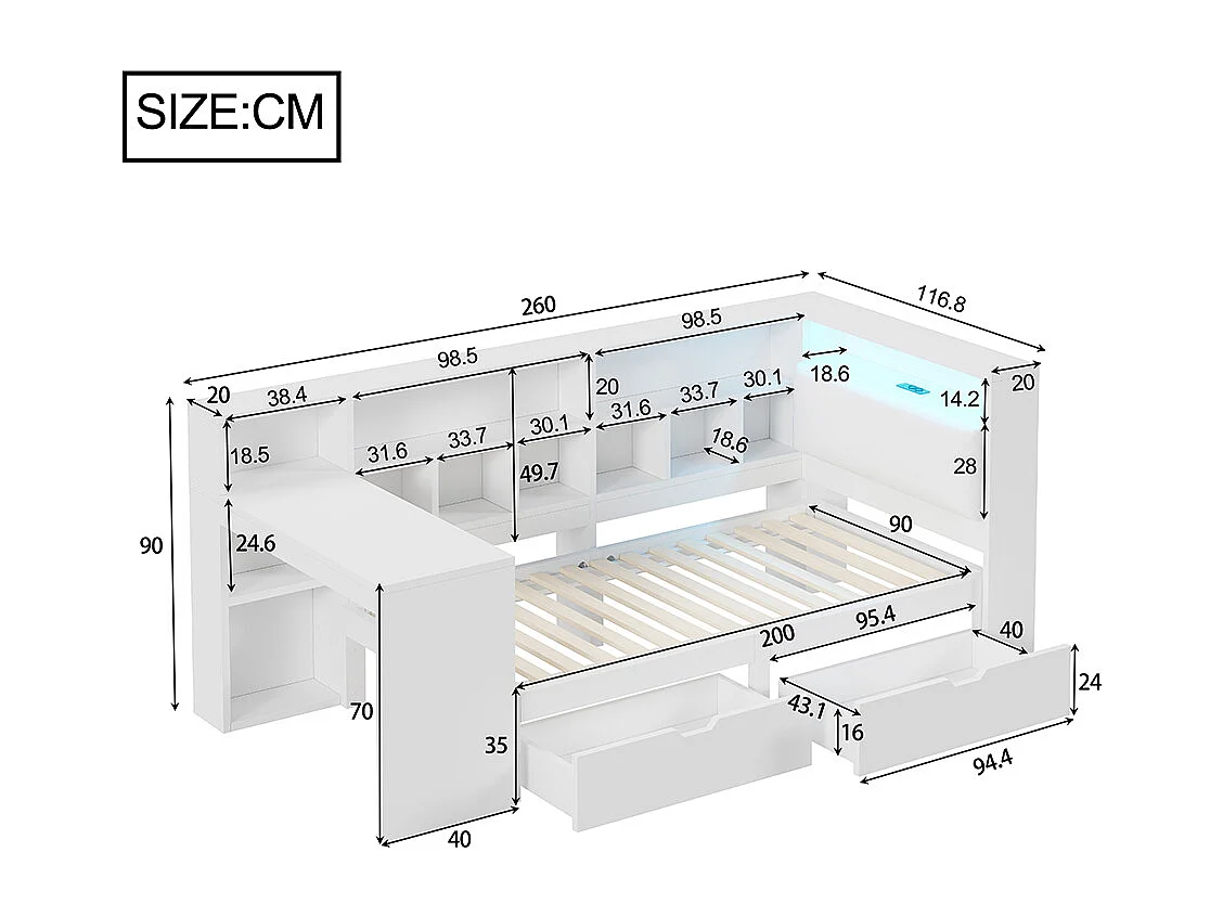 L-förmiges Holzbett, 90x200, weiß.