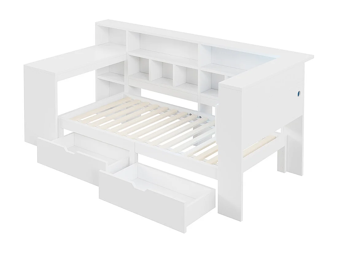 L-förmiges Holzbett, 90x200, weiß.