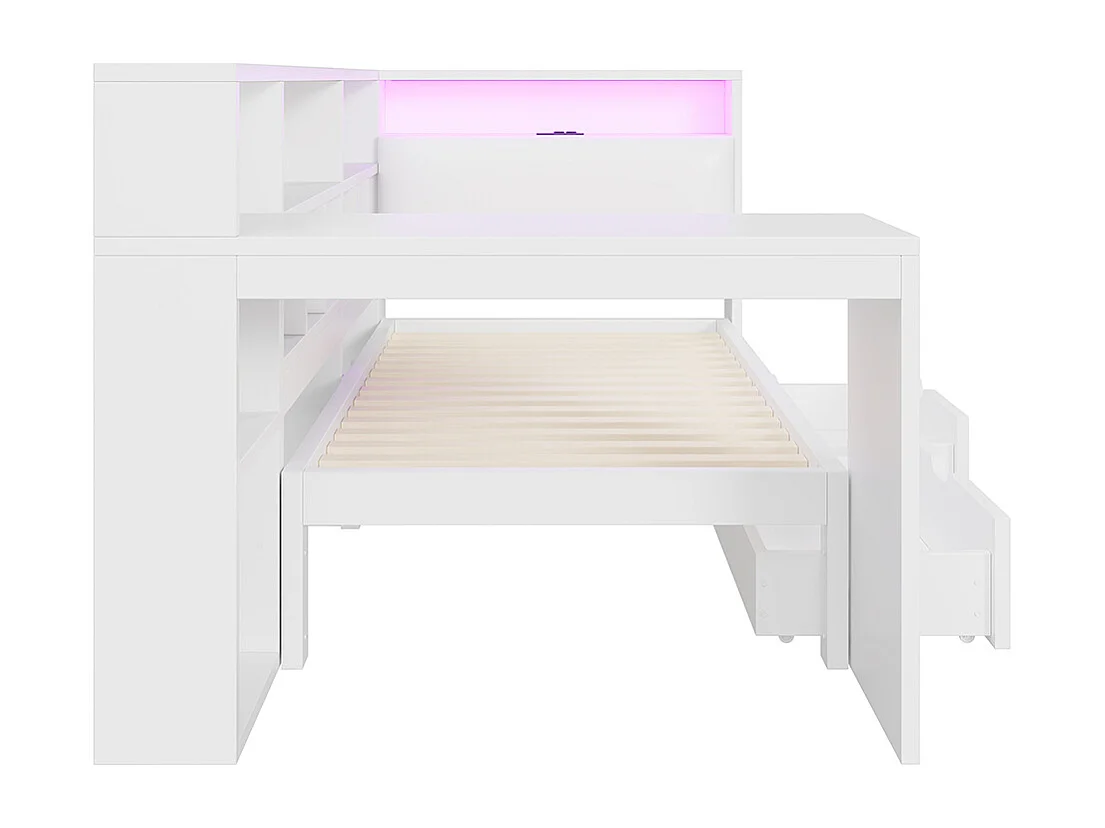 L-förmiges Holzbett, 90x200, weiß.