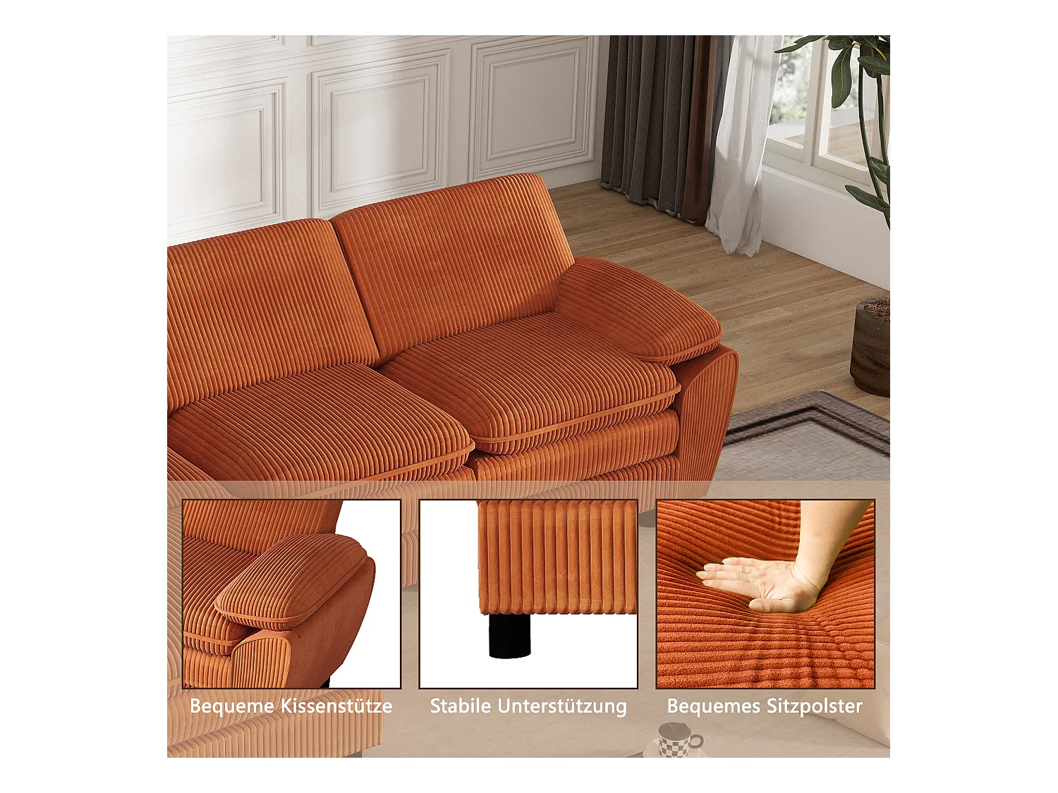 Modulares Sofa, Sofa mit zwei Kissen, Lampenvelours, mit abnehmbarem Bezug, orange