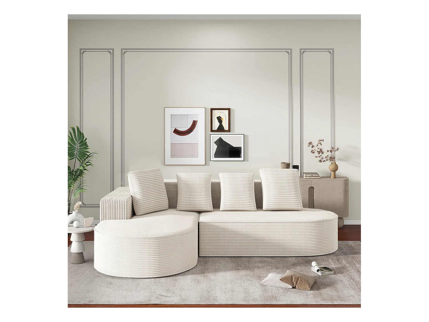 Canapé modulable avec méridienne en L, assise profonde, rembourrage en mousse compressée,blanc