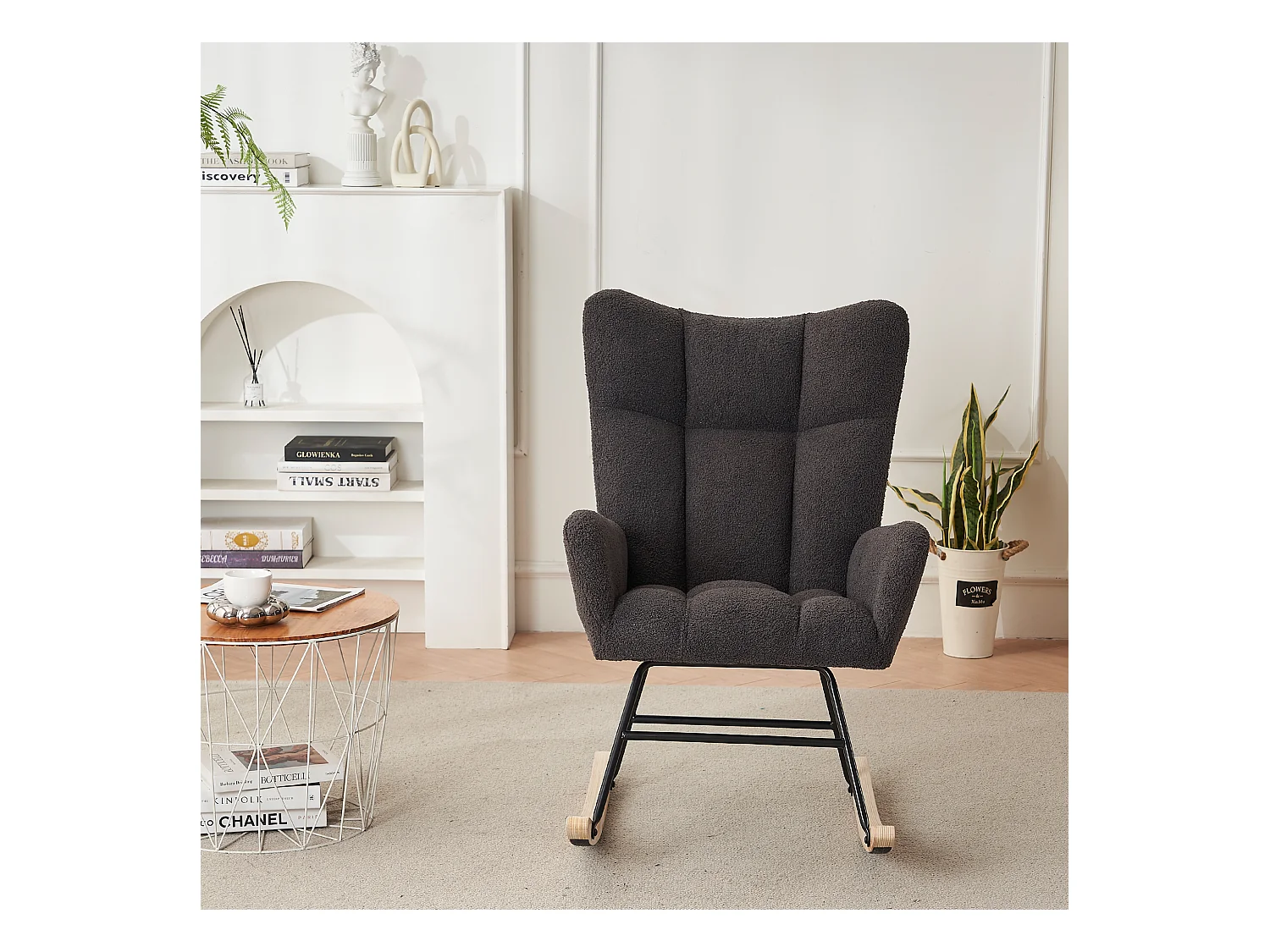 Fauteuil à bascule moderne, avec dossier haut et accoudoirs, confortable et unique,gris