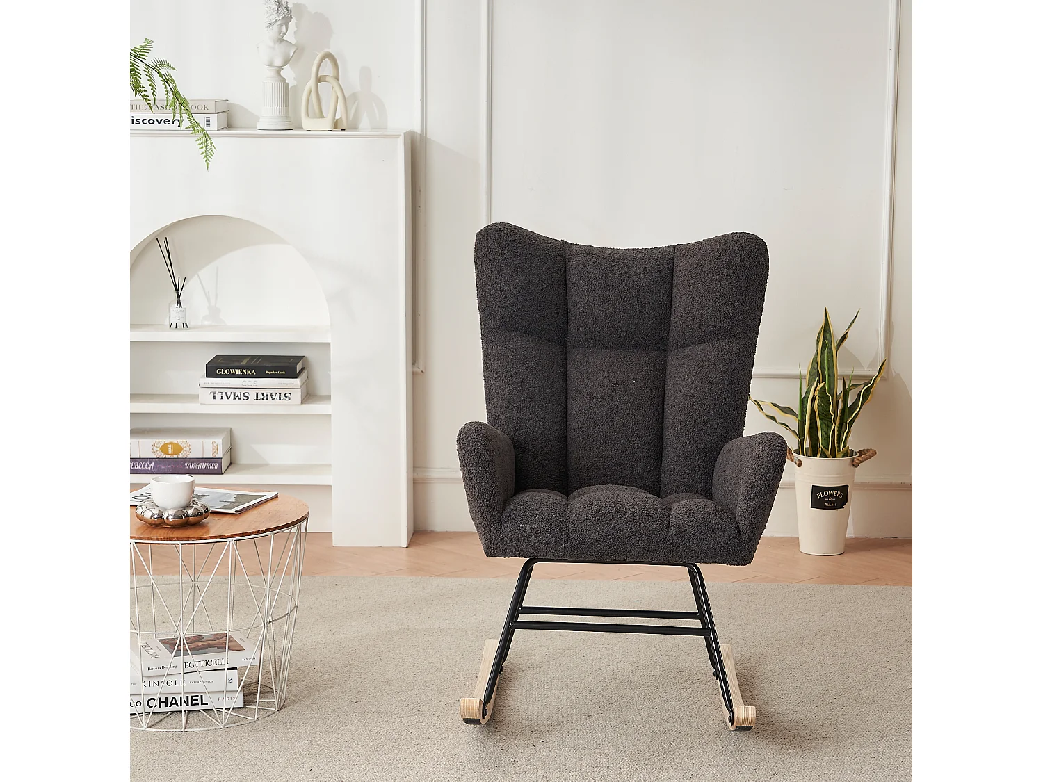 Fauteuil à bascule moderne, avec dossier haut et accoudoirs, confortable et unique,gris