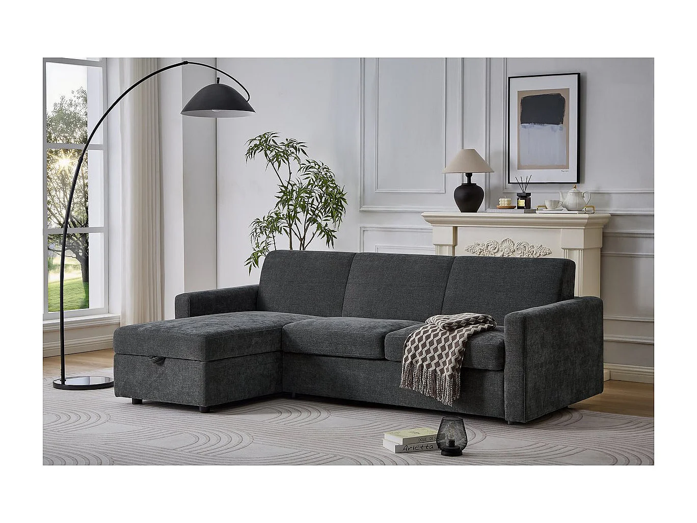 Divano angolare reversibile ed express trasformabile in tessuto "Celia" - 3 posti - Grigio