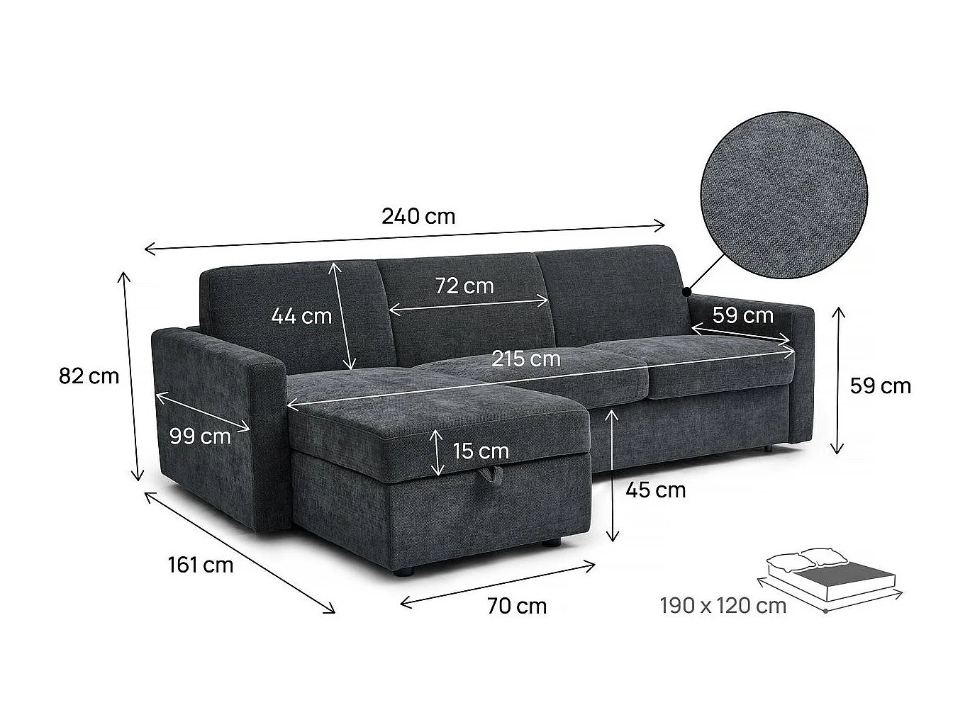 Divano angolare reversibile ed express trasformabile in tessuto "Celia" - 3 posti - Grigio