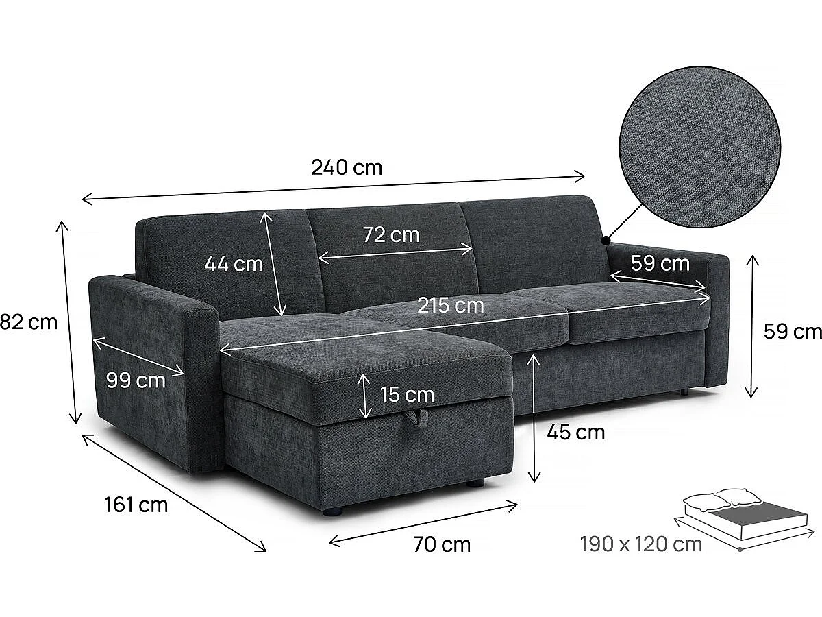 Canapé d'angle réversible convertible express 3 places en tissu gris CELIA