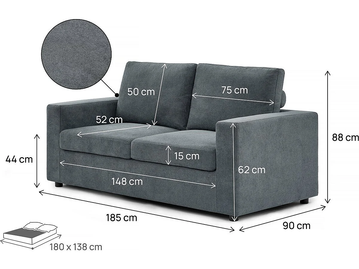 Canapé convertible express 3 places en tissu gris ELENA