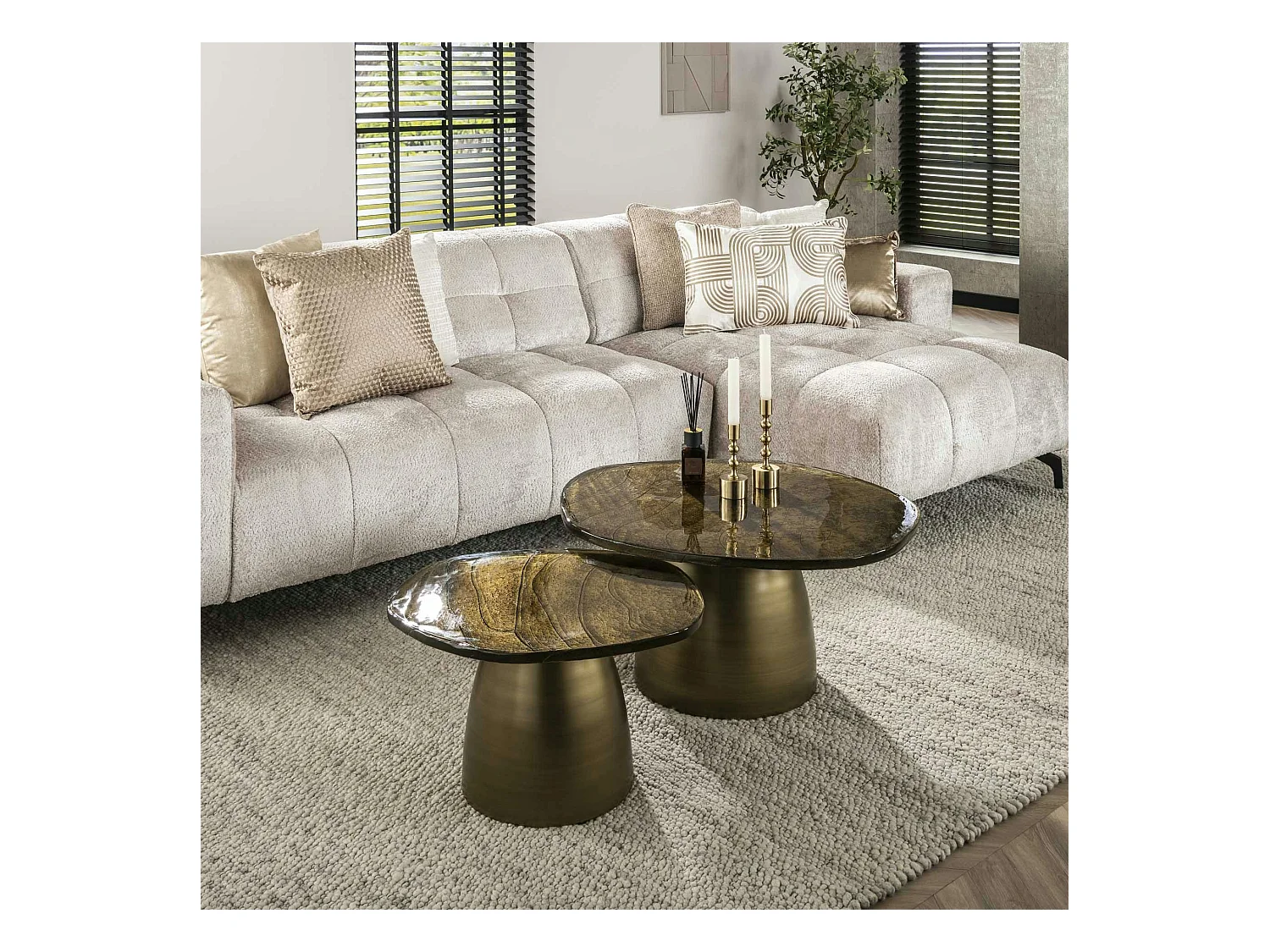 Table gigogne en verre – finition antique dorée (lot de 2) LAGUNA