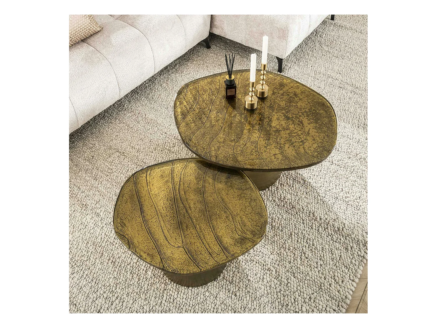 Table gigogne en verre – finition antique dorée (lot de 2) LAGUNA