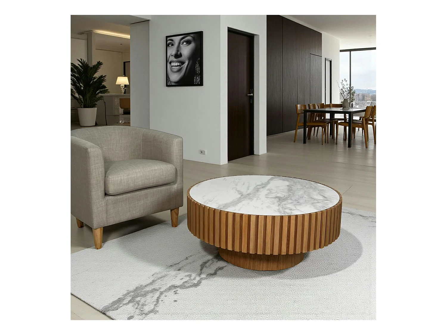 Table basse blanche - plateau céramique, bords crantés LOMBARDIE