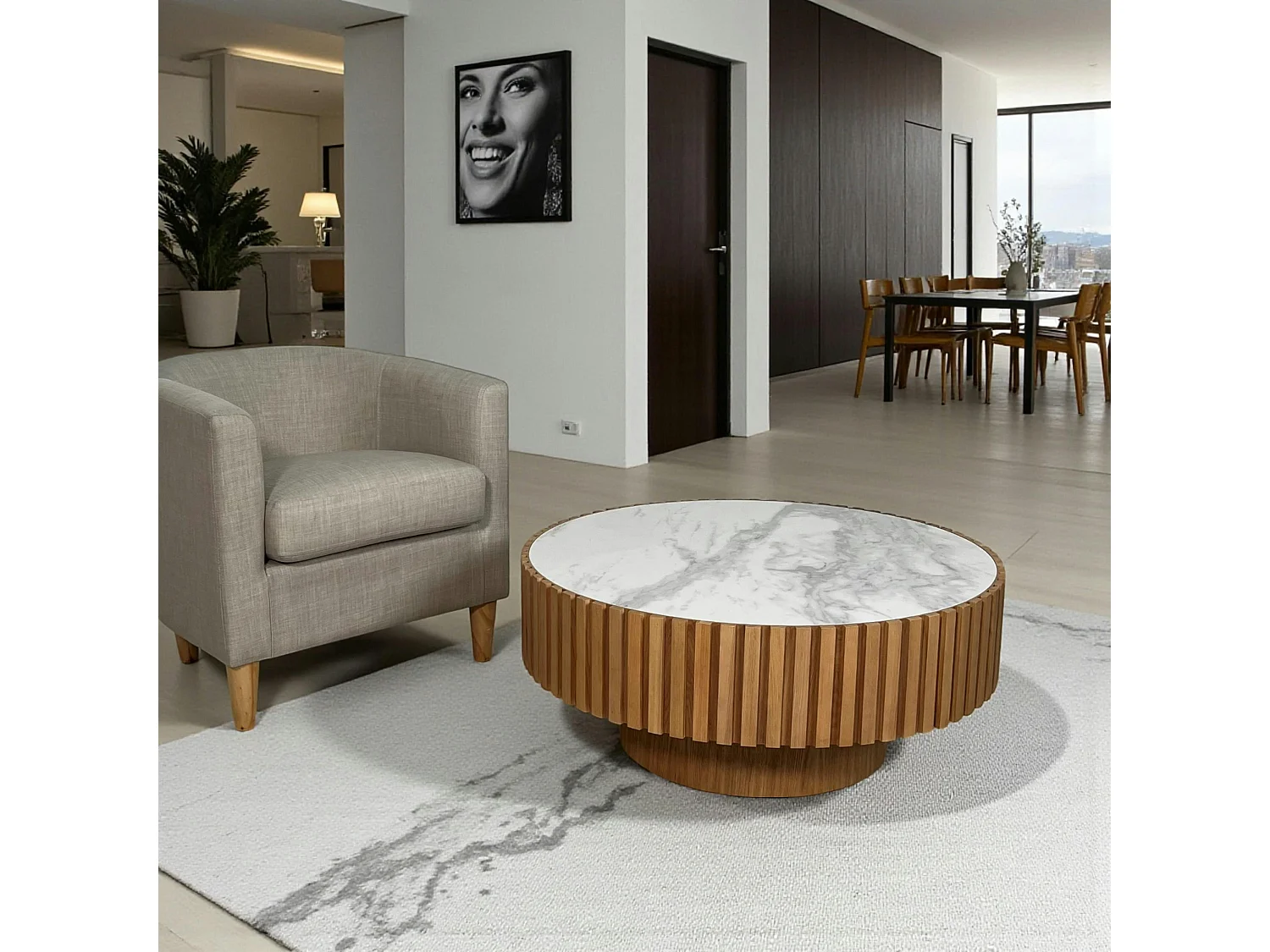 Table basse blanche - plateau céramique, bords crantés LOMBARDIE