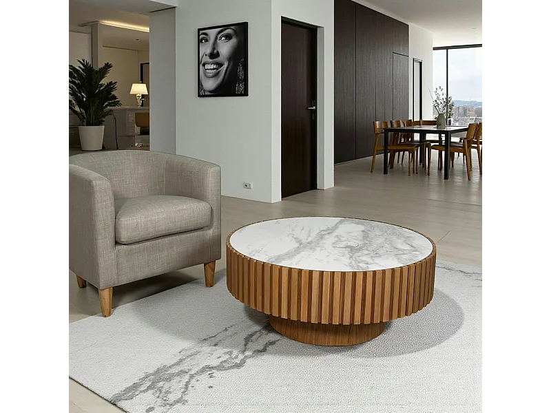 Table basse blanche - plateau céramique, bords crantés LOMBARDIE