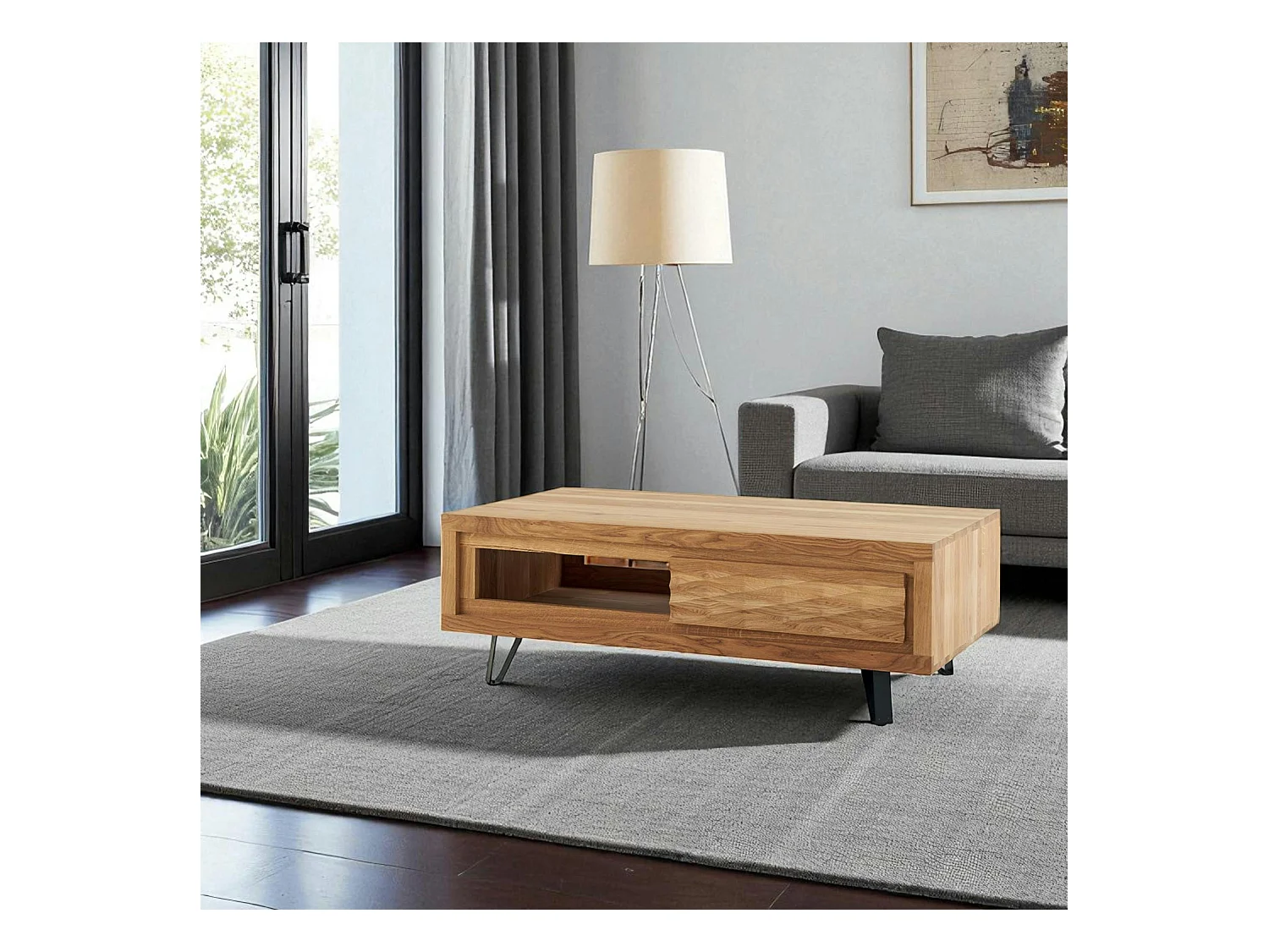 Table basse bois massif - 1 tiroir, frise décorative ROSETO