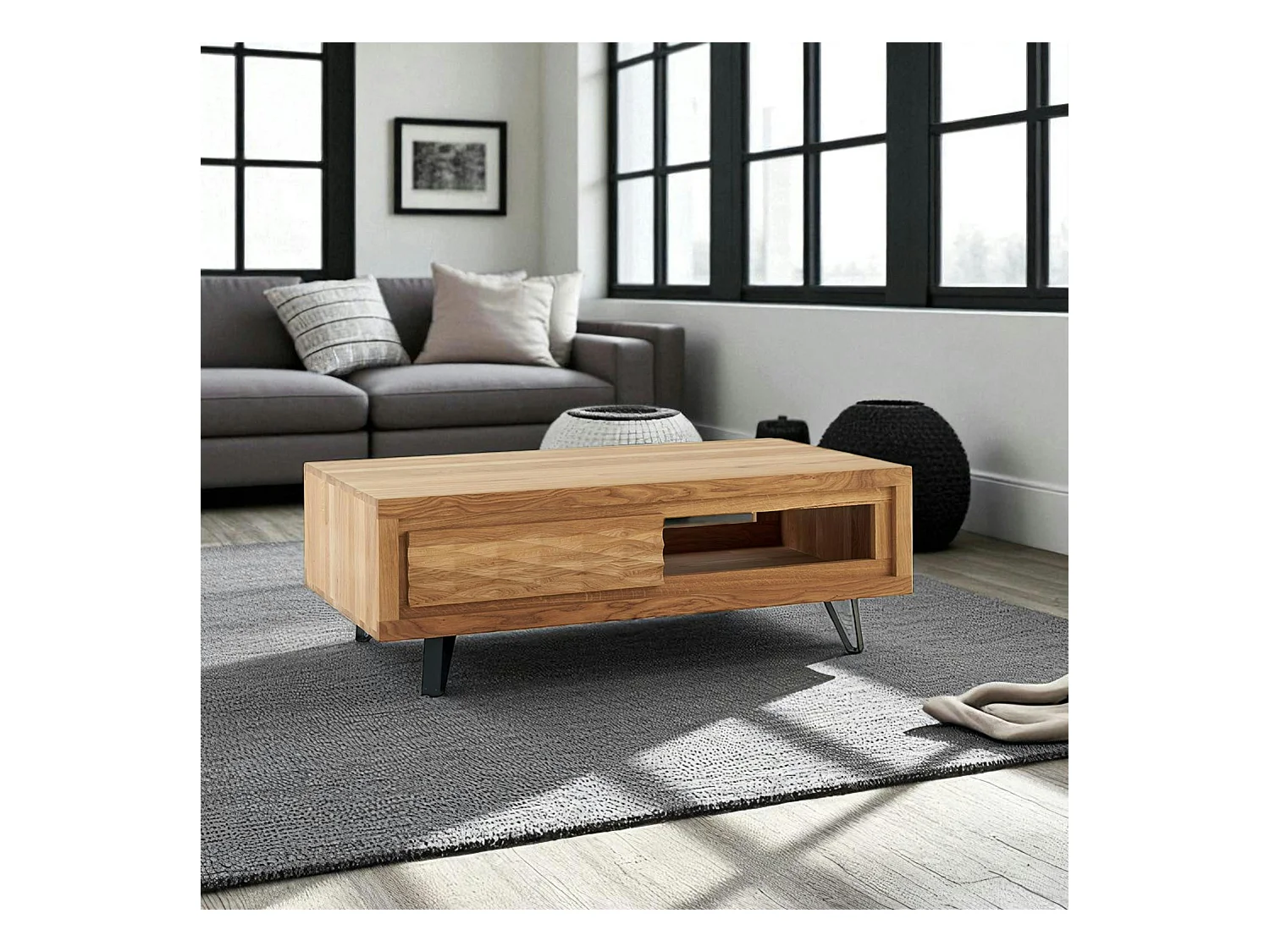 Table basse bois massif - 1 tiroir, frise décorative ROSETO