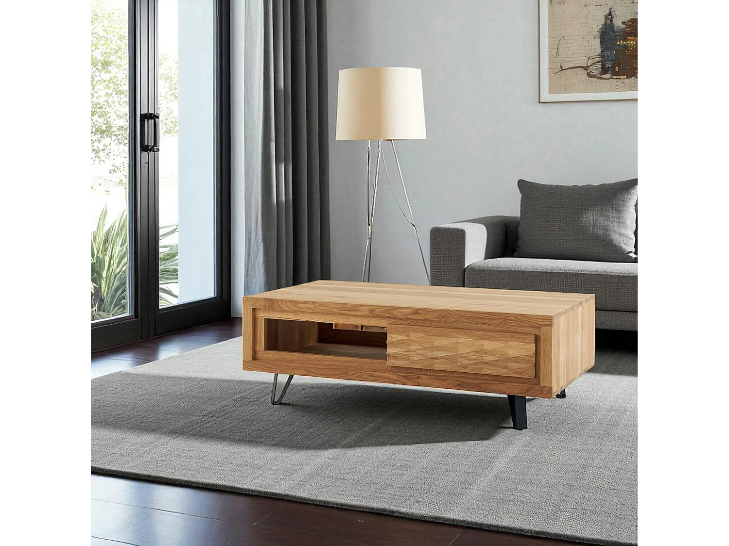 Table basse bois massif - 1 tiroir, frise décorative ROSETO