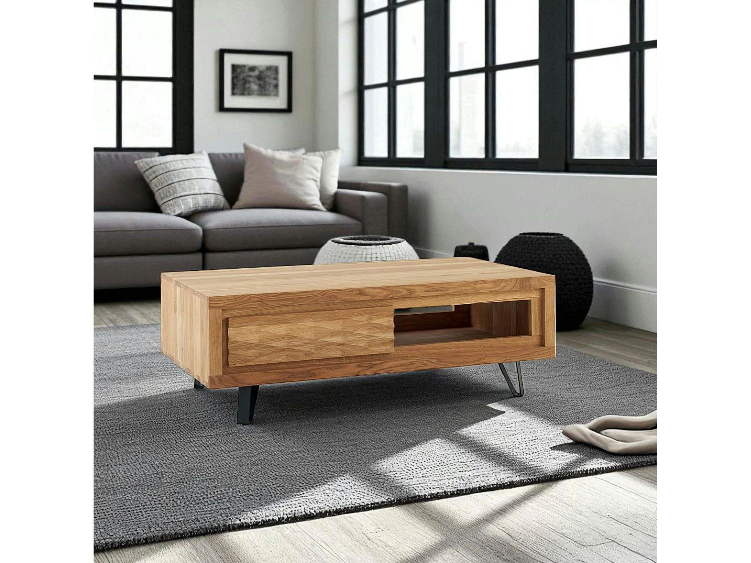 Table basse bois massif - 1 tiroir, frise décorative ROSETO