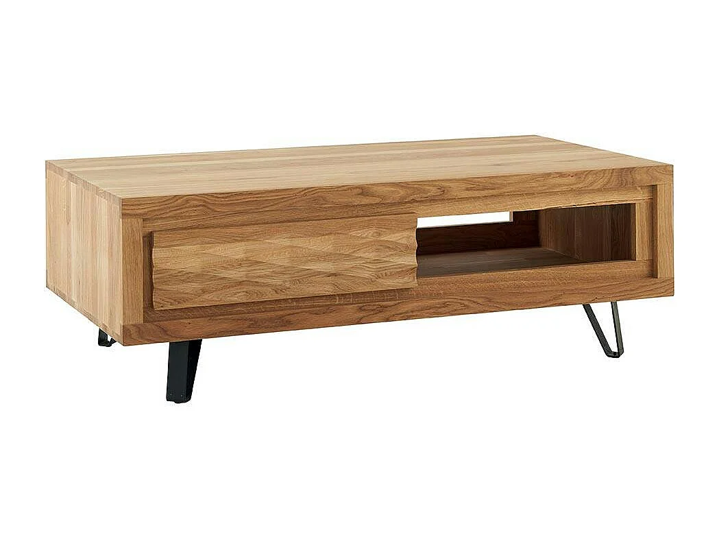 Table basse bois massif - 1 tiroir, frise décorative ROSETO