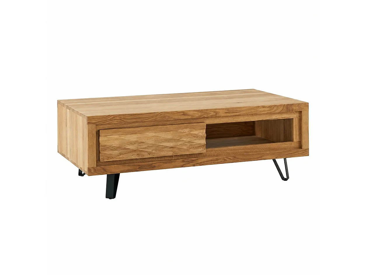Table basse bois massif - 1 tiroir, frise décorative ROSETO