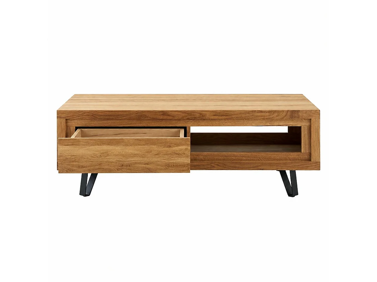Table basse bois massif - 1 tiroir, frise décorative ROSETO