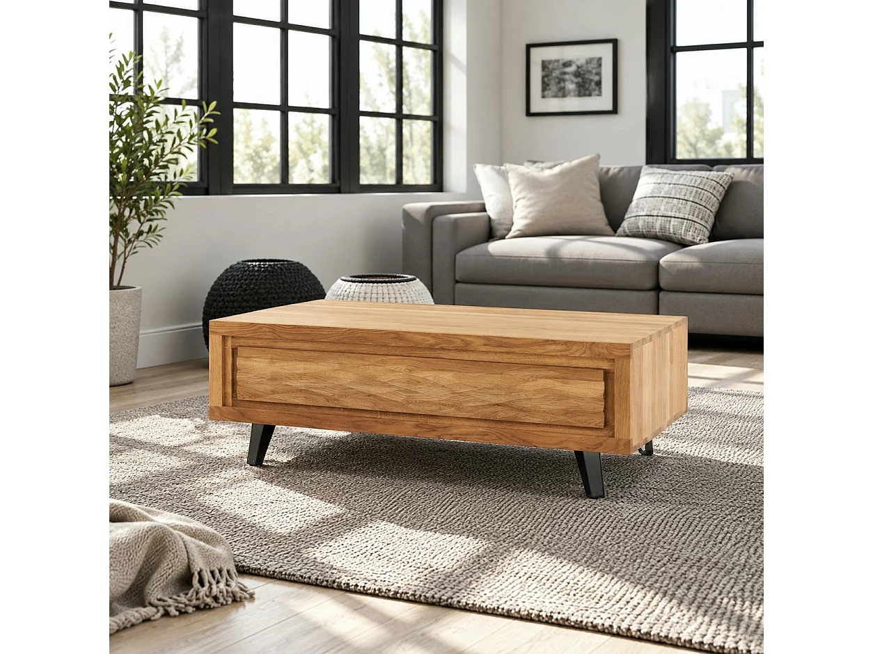 Table basse bois massif - 1 tiroir, frise décorative ROSETO