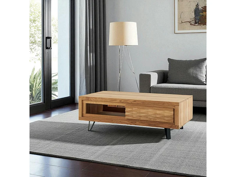 Table basse bois massif - 1 tiroir, frise décorative ROSETO