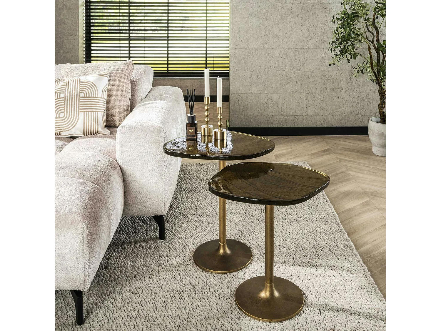 Bout de canapé verre – finition antique dorée, 50 cm LAGUNA