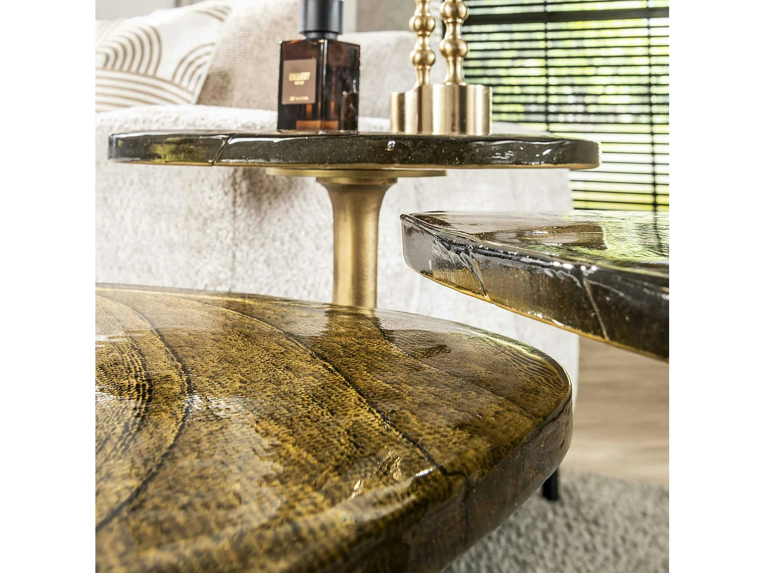 Bout de canapé verre – finition antique dorée, 50 cm LAGUNA