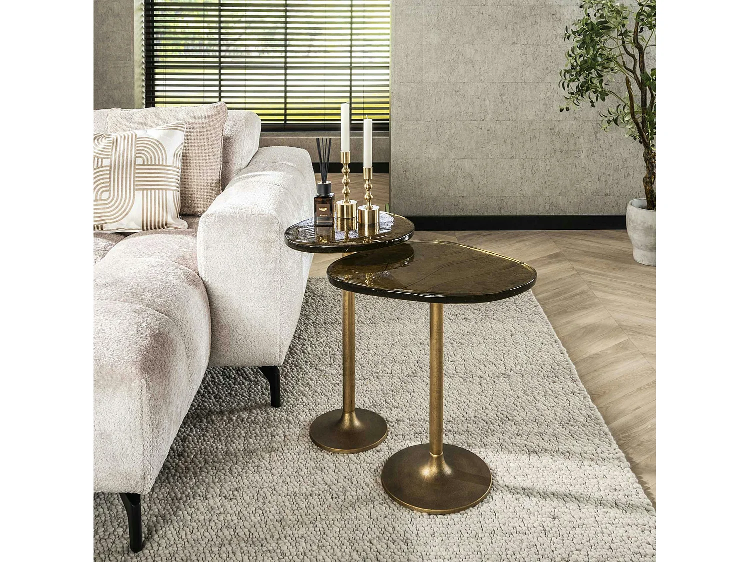 Bout de canapé verre – finition antique dorée, 60 cm LAGUNA