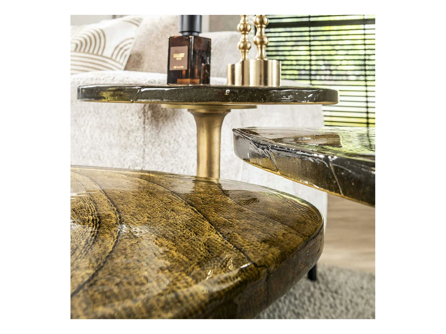 Bout de canapé verre – finition antique dorée, 55 cm LAGUNA