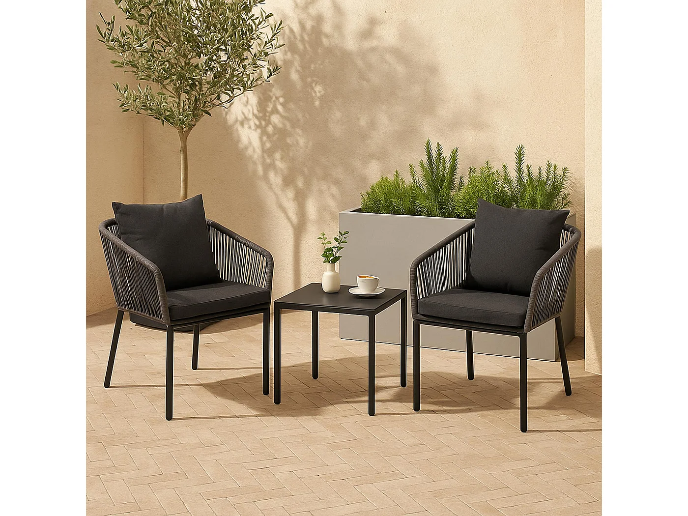 Gartenstuhl MCW-N41 (2er-Set), Anthrazit, Kissen dunkelgrau