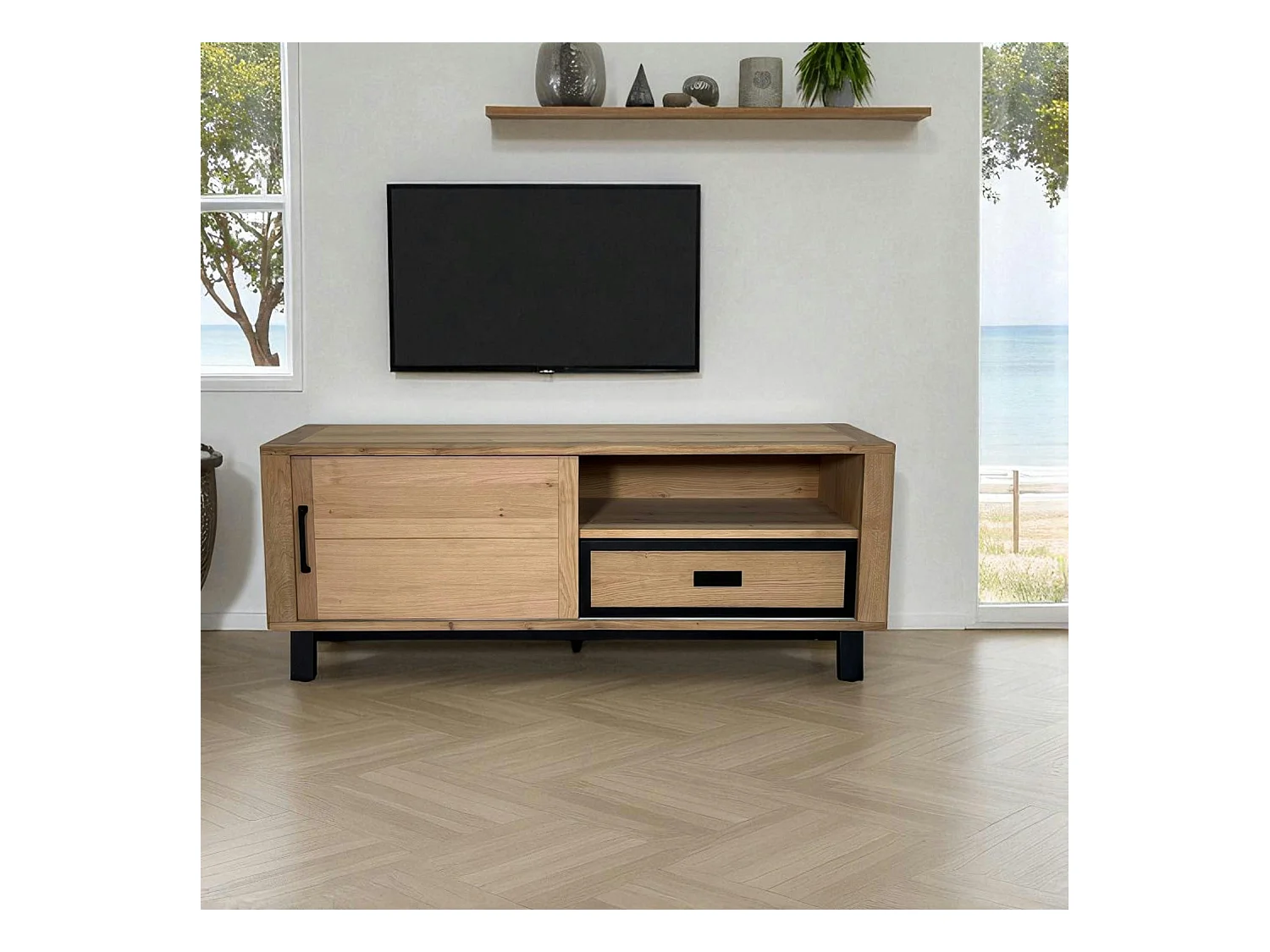 Meuble TV moderne avec rangement - bois clair chêne GRADO