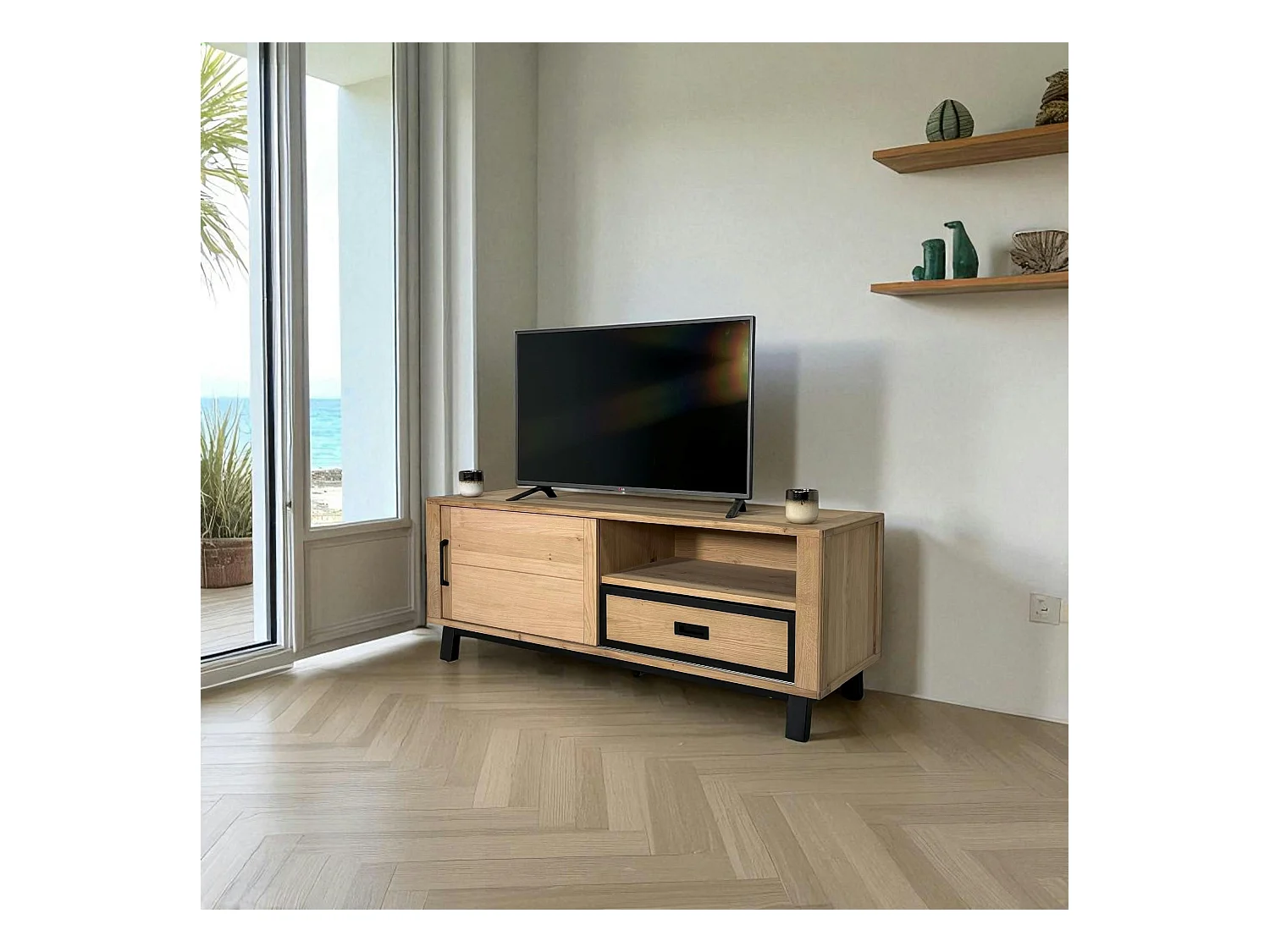 Meuble TV moderne avec rangement - bois clair chêne GRADO