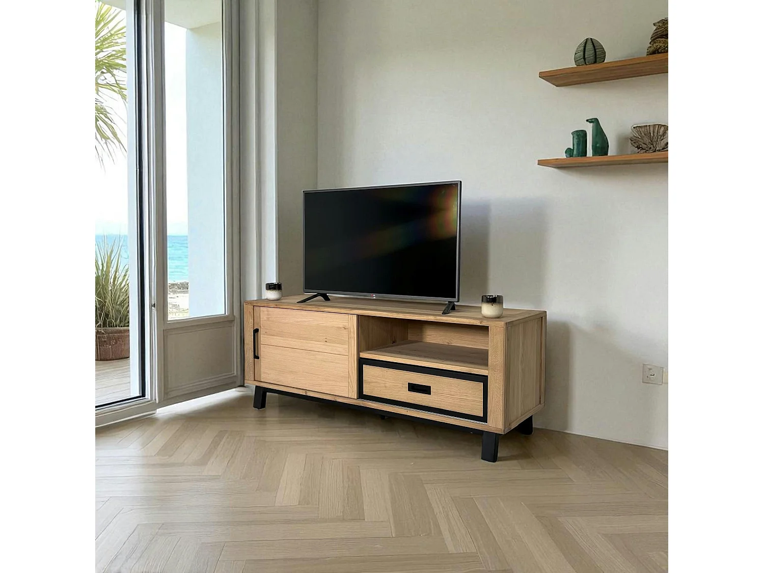 Meuble TV moderne avec rangement - bois clair chêne GRADO