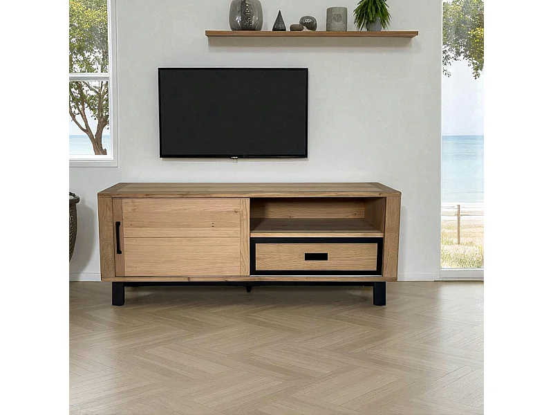 Meuble TV moderne avec rangement - bois clair chêne GRADO