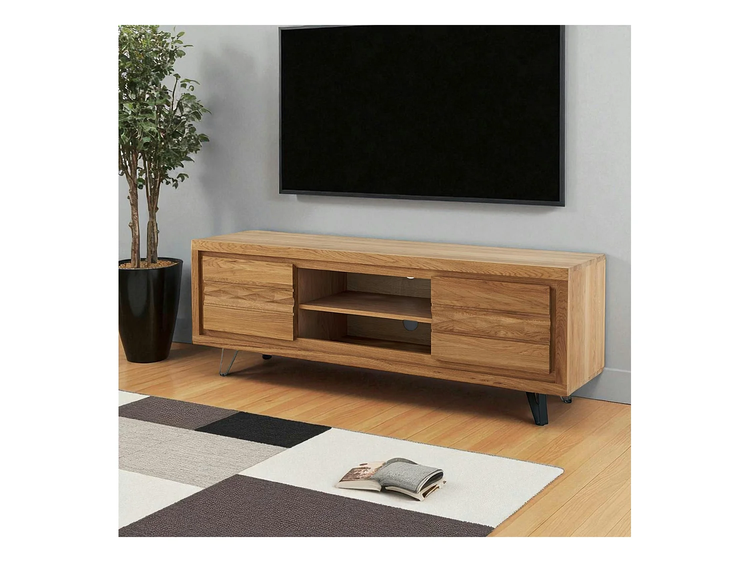 Meuble tv en bois 2 portes - frise décorative ROSETO