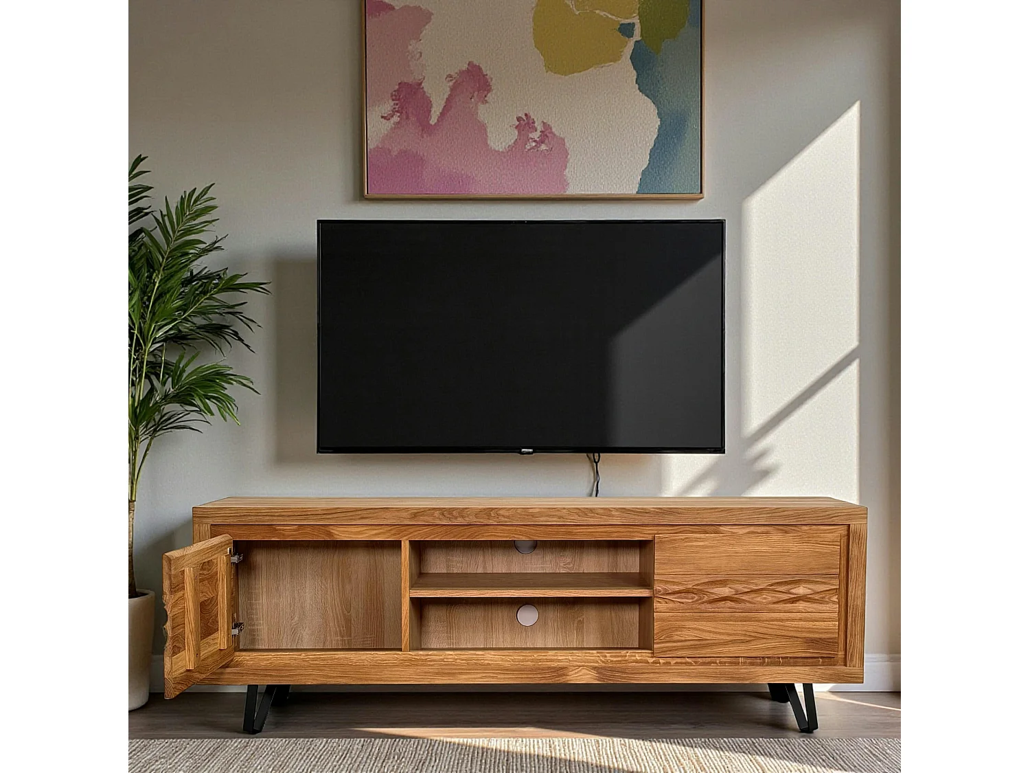 Meuble tv en bois 2 portes - frise décorative ROSETO