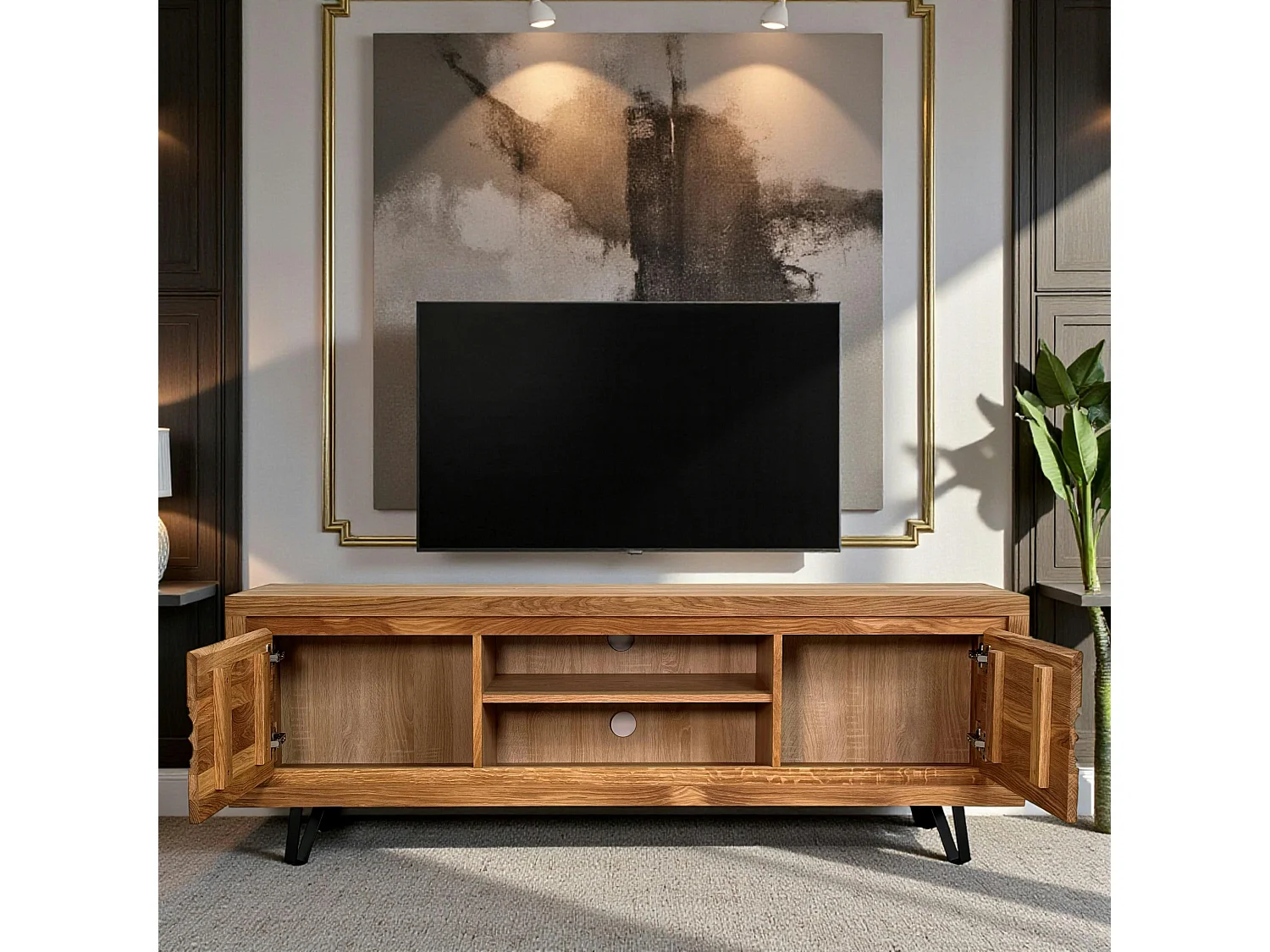 Meuble tv en bois 2 portes - frise décorative ROSETO