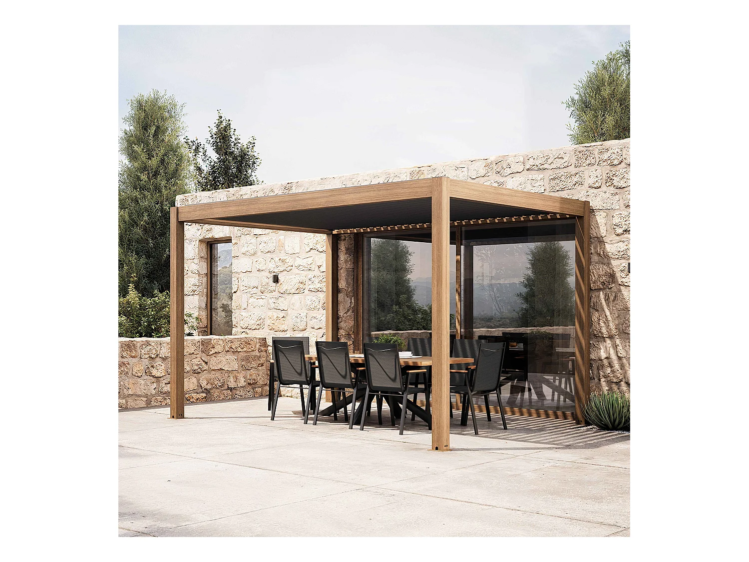 Pergola bioclimatique autoportée et motorisée éclairée 3x4m bois gris