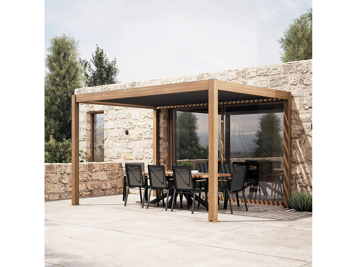 Zelfdragende en gemotoriseerde bioklimatische pergola met verlichting, 3x4m, grijs hout