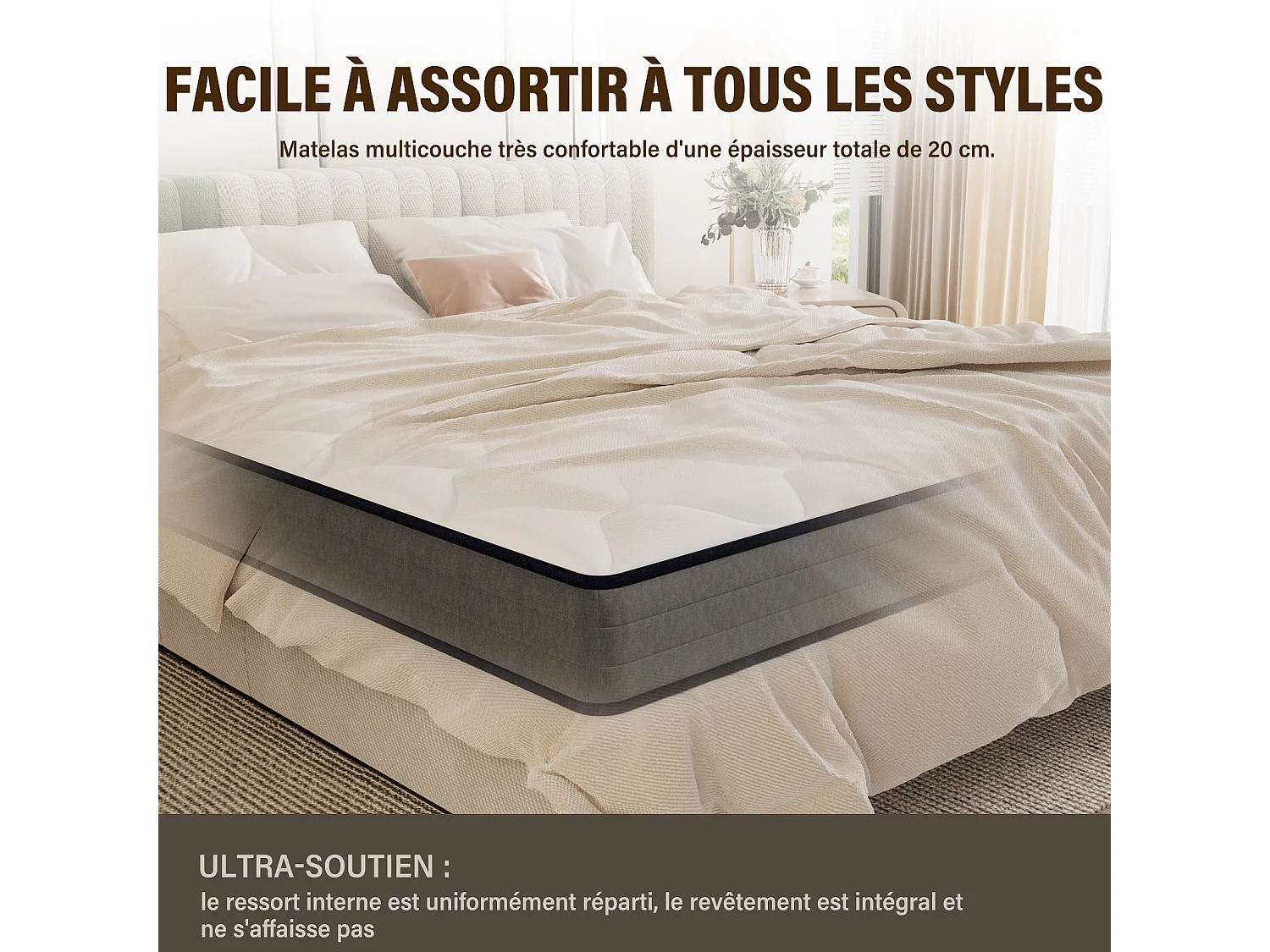 Matelas à ressorts 140 x 200 cm, 20 cm d'épaisseur, 7 zones ergonomiques