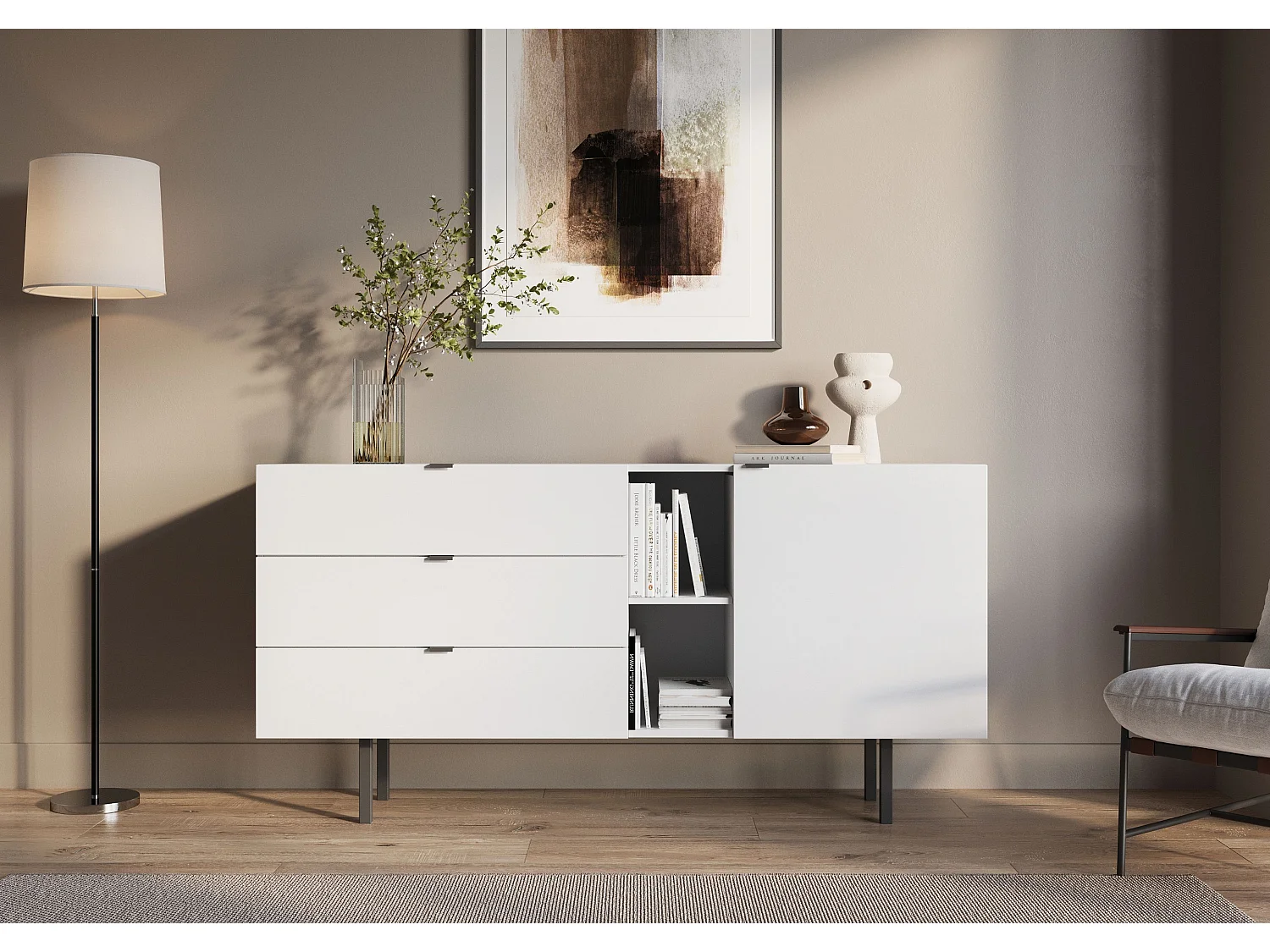 Sideboard Myway, weiß, 3 schubladen, minimalistisch, 160 cm
