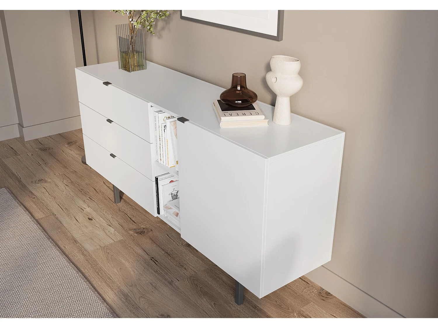 Sideboard Myway, weiß, 3 schubladen, minimalistisch, 160 cm