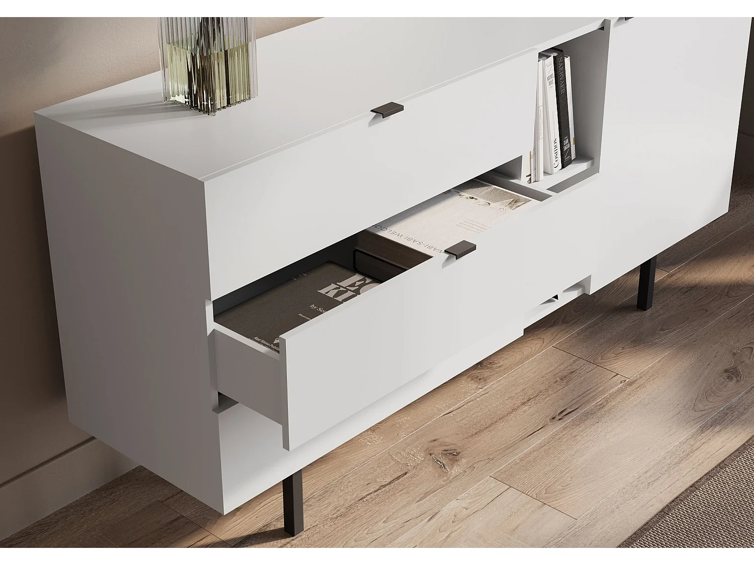 Sideboard Myway, weiß, 3 schubladen, minimalistisch, 160 cm