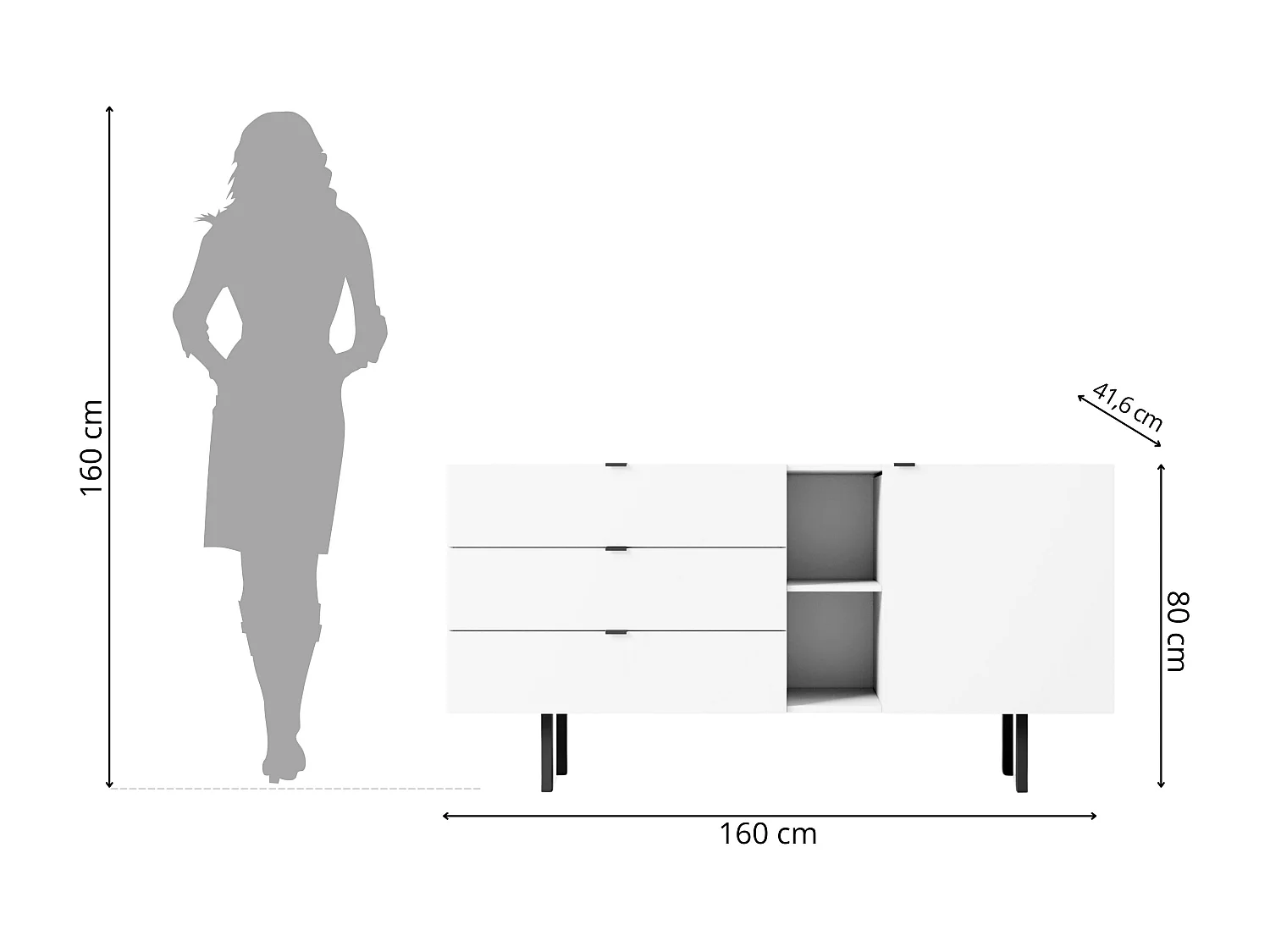 Sideboard Myway, weiß, 3 schubladen, minimalistisch, 160 cm