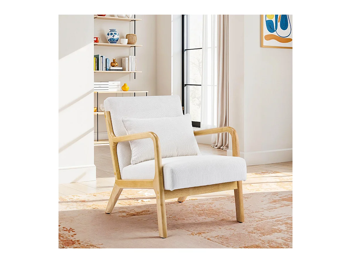 Fauteuil en bois et velours fines côtes beige - Lanna