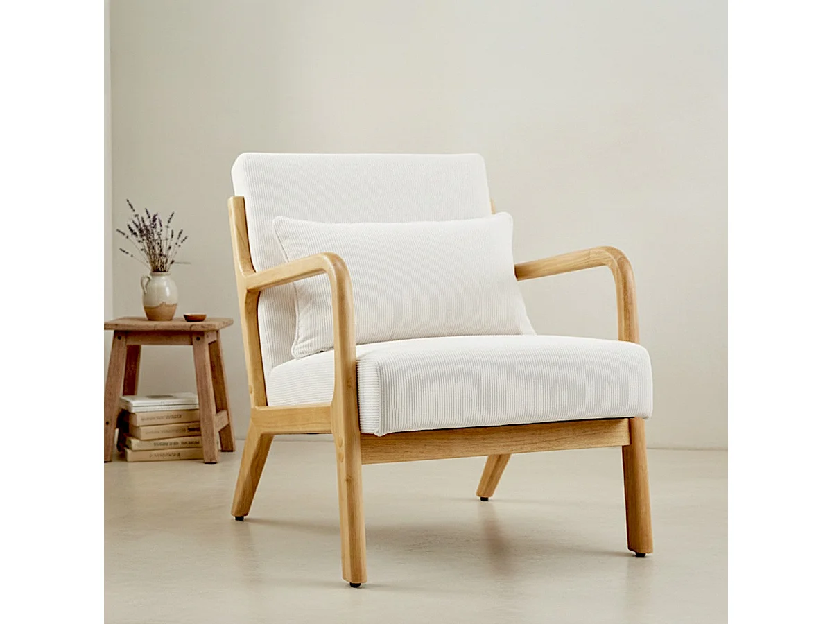 Fauteuil en bois et velours fines côtes beige - Lanna